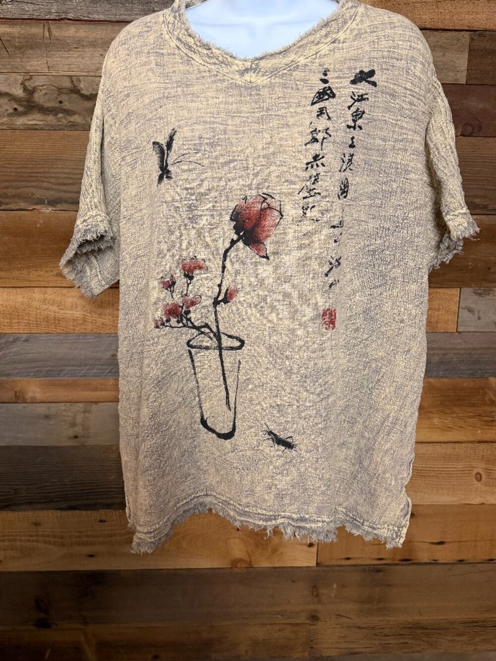 Jess & Jane Gauze Top Women' Large Raw Edge Frayed Hem Artistic Rose Print